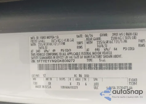 2016 Ford Transit T-150 из США, поврежденный, VIN 1FTYE1YM2GKB39272